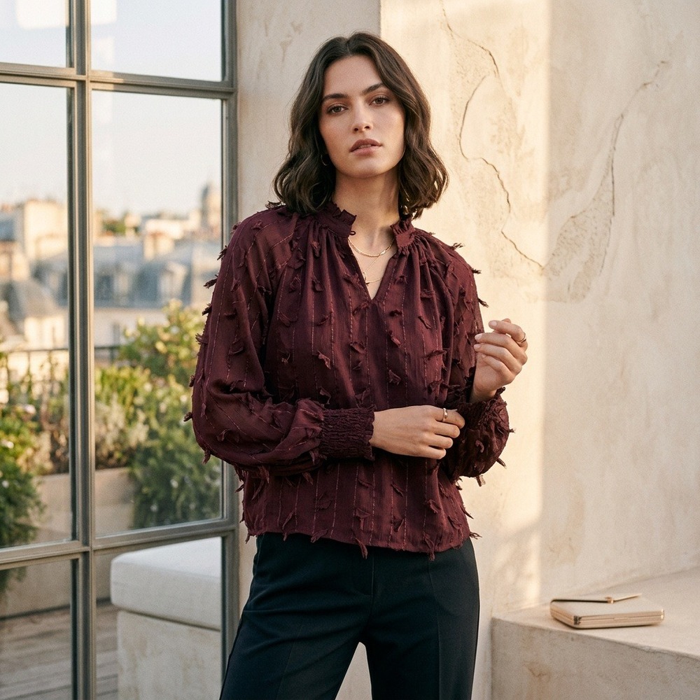 Zara Womens Sheer Textured Fringe Blouse Lined Long Sleeve XS Burgundy Preowned